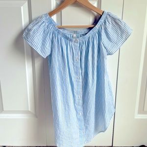 Blue and White Pinstripe Off the Shoulder Top